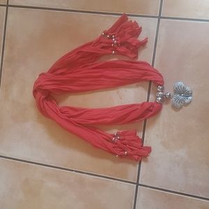 Red Fringed Scarf Necklace with Butterfly Pendant
